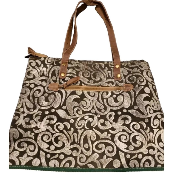 Myra Canvas Leather Zippered Tote Bag Purse Green Ivory Black - Picture 2 of 6